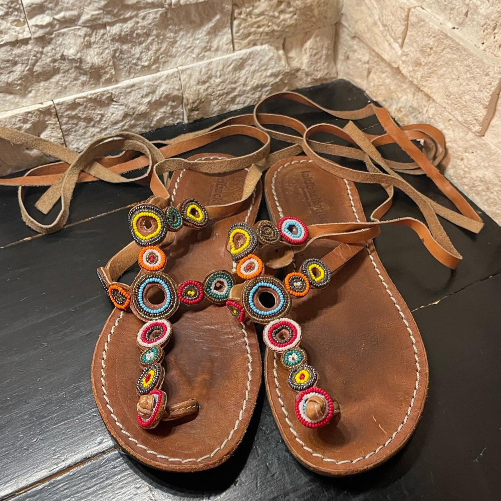 Laidback London Sandals Beaded Leather Ankle Straps Womens
